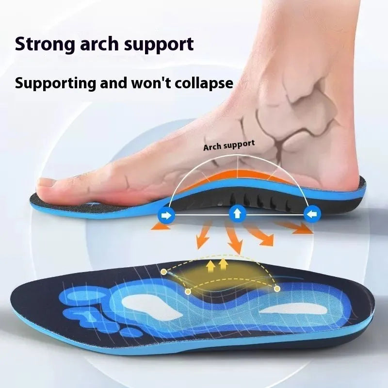 Instep insole flat foot correction pad with PU construction for foot support and posture improvement, available in blue and green colours with universal size options from 35-36 to 45-46.