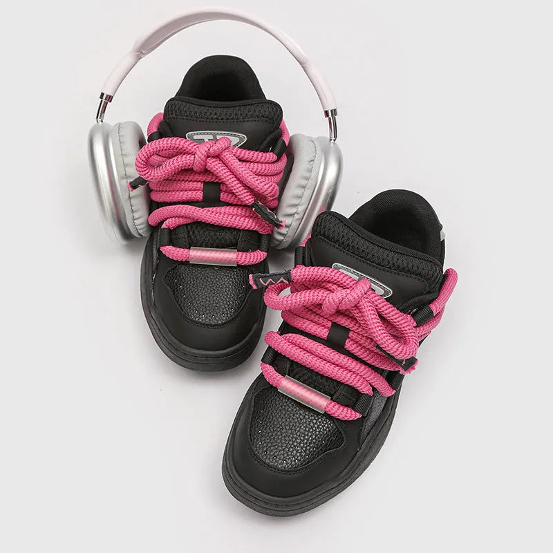 Casual unisex shoes with thick rubber soles and low heels, breathable mesh lining for all-day wear, versatile round-toe design available in candy colour, denim blue, black pink, and milky white for men and women