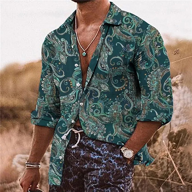 Men's bohemian shirt with 3D floral pattern digital printing, loose fit long sleeves