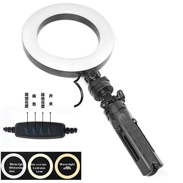 Black desktop mobile phone tripod with adjustable colour ring light for streaming
