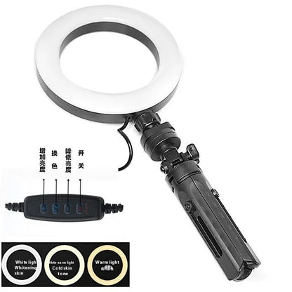 Black desktop mobile phone tripod with adjustable colour ring light for streaming