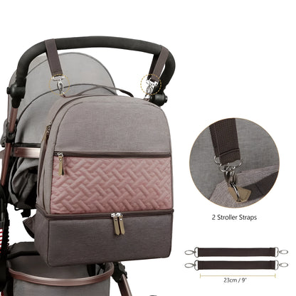 Grey insulated mother and child travel backpack with curved shoulder straps shown from the side