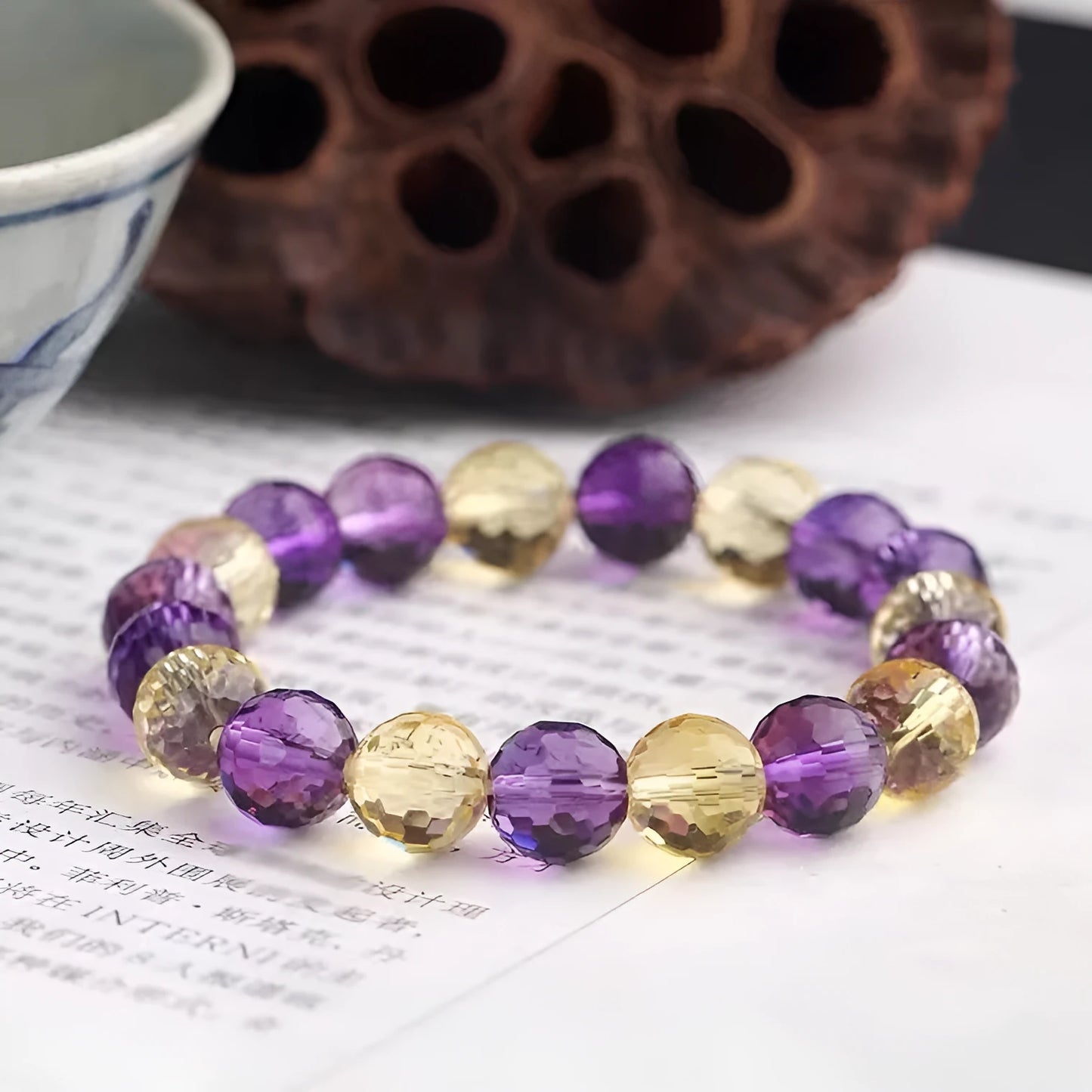 128-facet ametrine bracelet with crystal beads in three colour variations and multiple diameter options