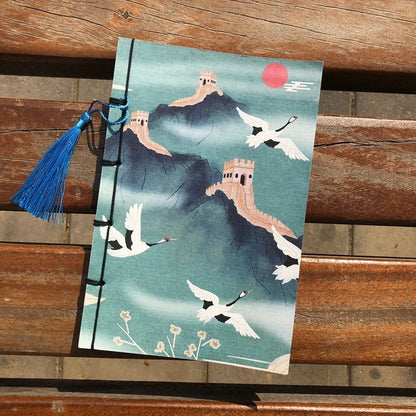 A5 antique wire-bound notebook with classical artwork cover, black oil wax rope binding, and decorative tassels