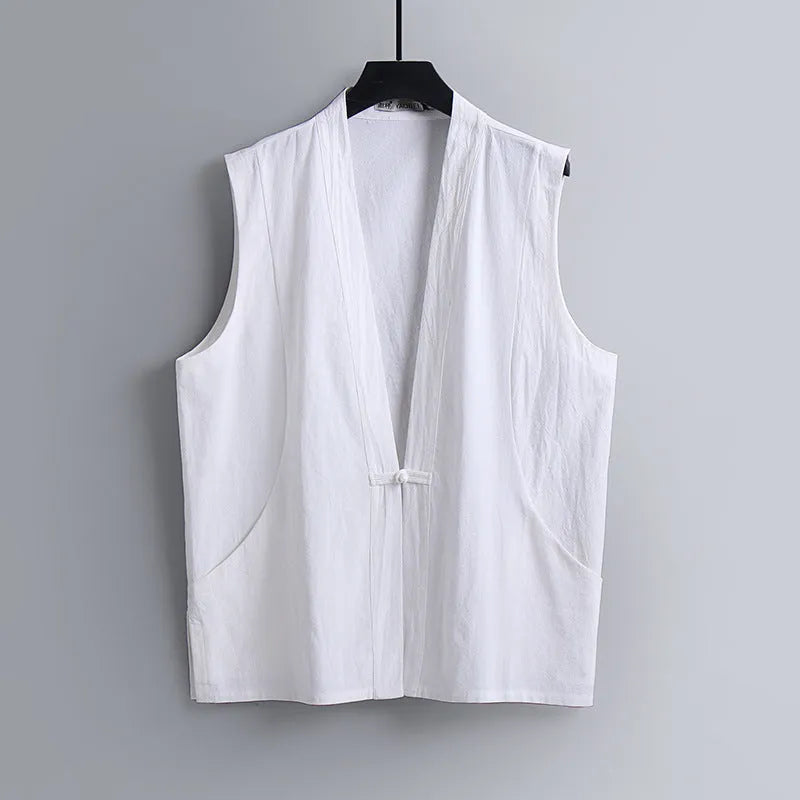 Men's light grey linen sleeveless vest with loose fit on hanger