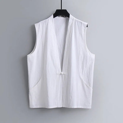 Men's light grey linen sleeveless vest with loose fit on hanger