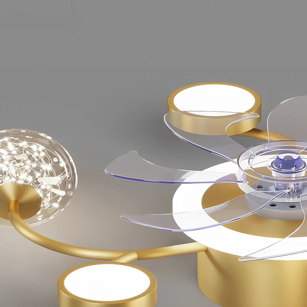 Modern ceiling fan lamp with circular PMMA shade and remote control in black or gold finish