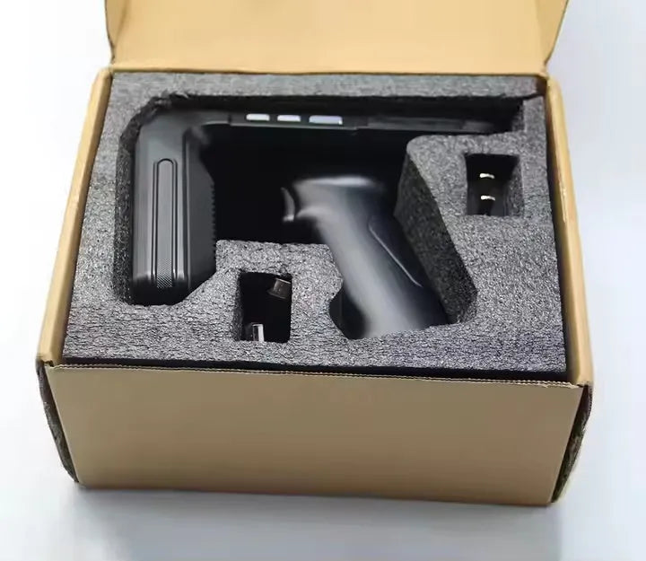 SLP-05 handheld UHF RFID scanner with Android touchscreen, measuring approximately 20cm long with rubberised grip sections