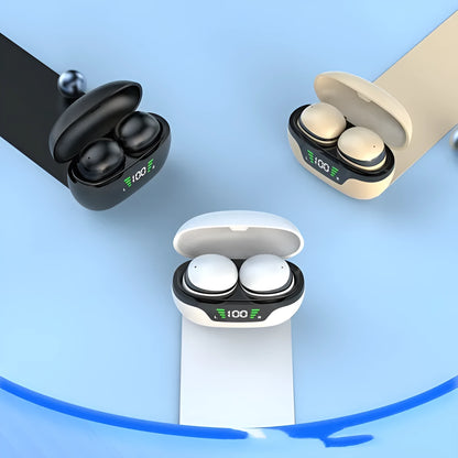 Black Super Mini wireless Bluetooth in-ear headset with digital display screen.