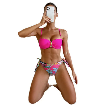 Rose red women's bikini swimsuit with braided rope design detail