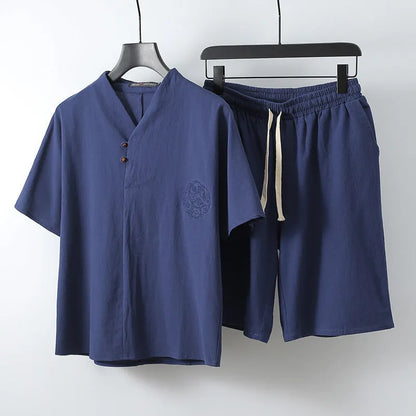 Loose linen-style men's two-piece set with short sleeve top and shorts in cotton fabric