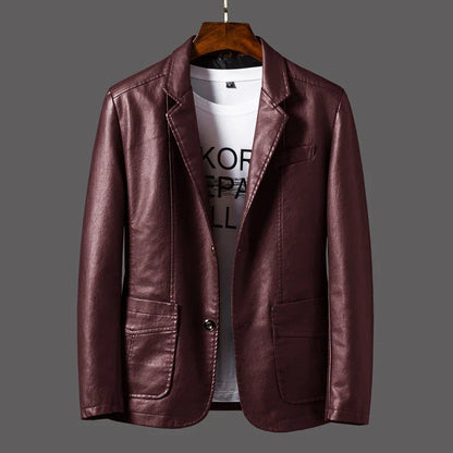 Premium leather jacket for men in orange, red, and black colors with a classic collar, studded lapels, and quilted sleeves