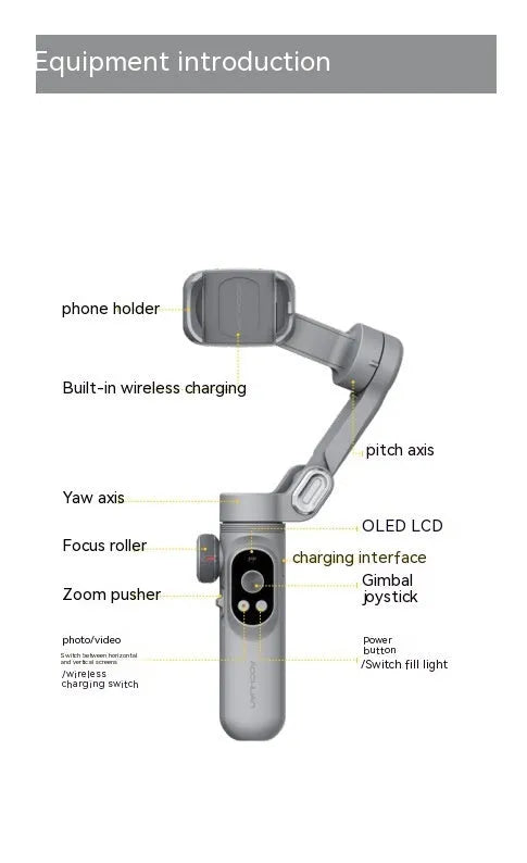 Silver grey Pro Mobile PTZ three-axis smartphone camera stabiliser gimbal with extended arm.