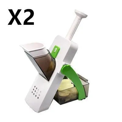 Orange multifunctional vegetable cutter kitchen tool with mandoline blades on a countertop.