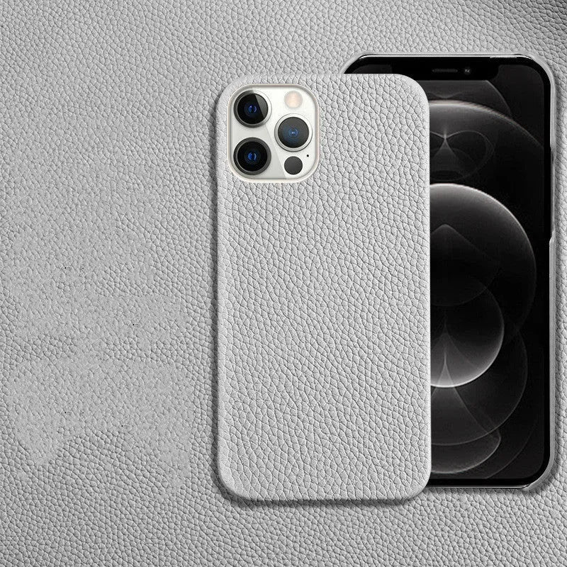 Genuine leather half-wrap iPhone protective case in beige, black, brown, orange, or pink colour.
