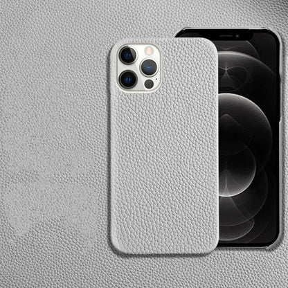 Genuine leather half-wrap iPhone protective case in beige, black, brown, orange, or pink colour.