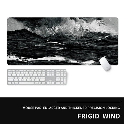 Oversized rectangular mouse pad with a printed design on a desk, next to a keyboard and mouse.