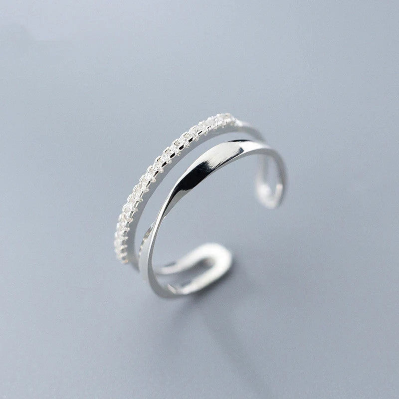 Adjustable S925 silver twisted double row ring with Korean-inspired design