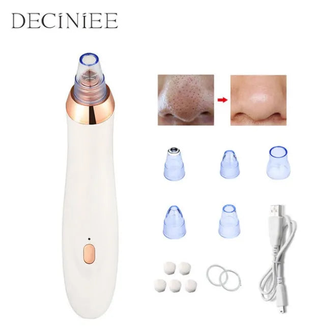 Electric blackhead remover device with five suction nozzle attachments, shown in black colour.