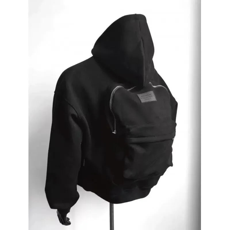 Men's light grey hooded sweatshirt jacket featuring a distinctive schoolbag design on the back.