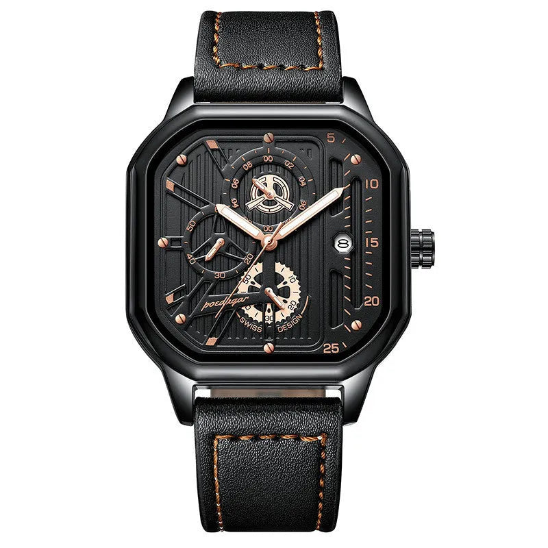 Men's black and gold belt-style quartz sports watch on wrist, 8mm thick case.