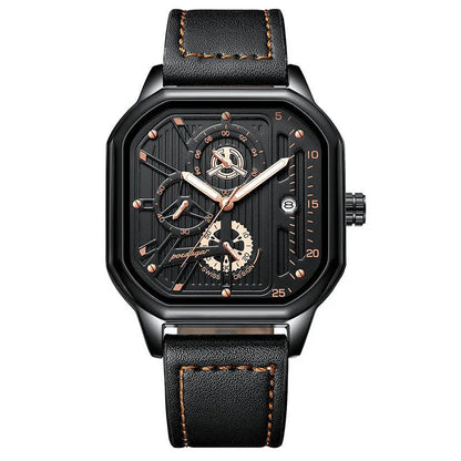 Men's black and gold belt-style quartz sports watch on wrist, 8mm thick case.