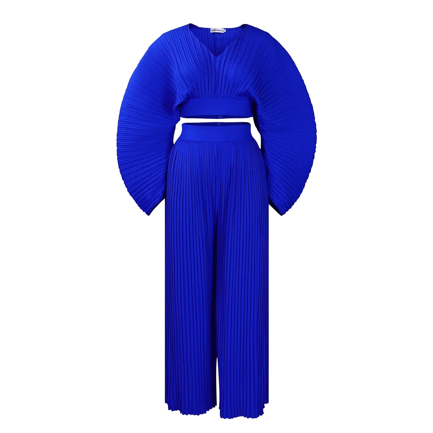 African suit two-piece set with batwing sleeve top and wide leg trousers in sapphire blue