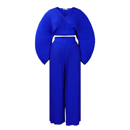 African suit two-piece set with batwing sleeve top and wide leg trousers in sapphire blue