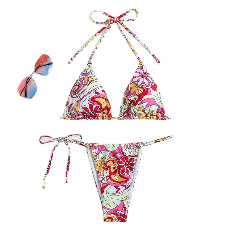Women's triangle printed bikini with halter neck design in multicolor pattern