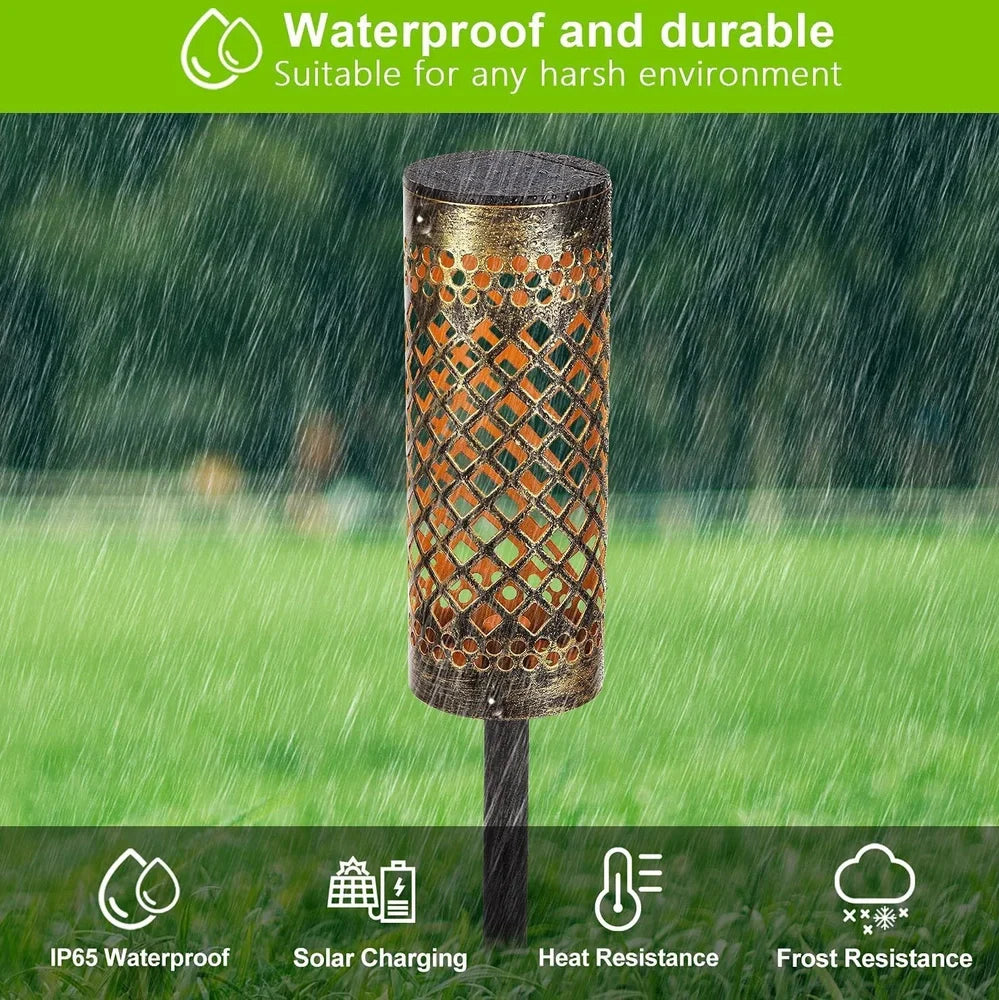 Geometric iron solar-powered lawn lamp with warm light, IP65 waterproof for courtyard garden decor
