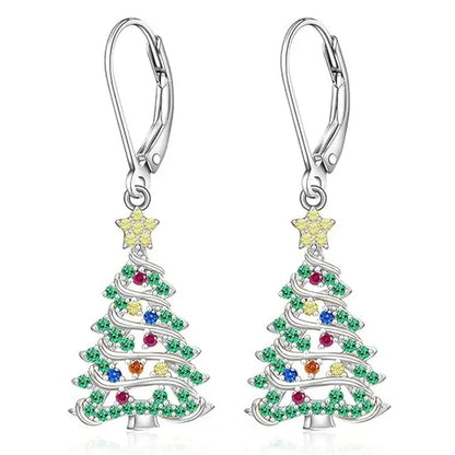 White gold colour Christmas tree earrings with star-shaped pendant for ladies.