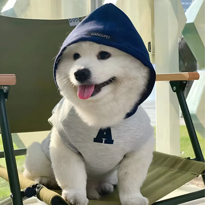 Blue and grey-white slim-fitting hooded sweater for dogs or cats with reflective lettering.