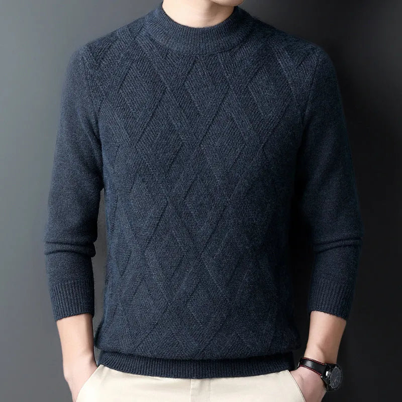 Men's thick winter pullover sweater with diamond jacquard pattern in a light camel colour.