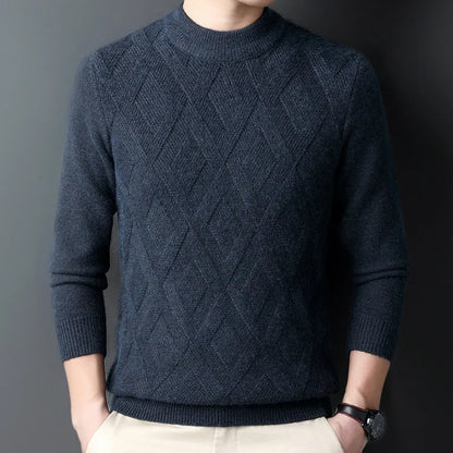 Men's thick winter pullover sweater with diamond jacquard pattern in a light camel colour.