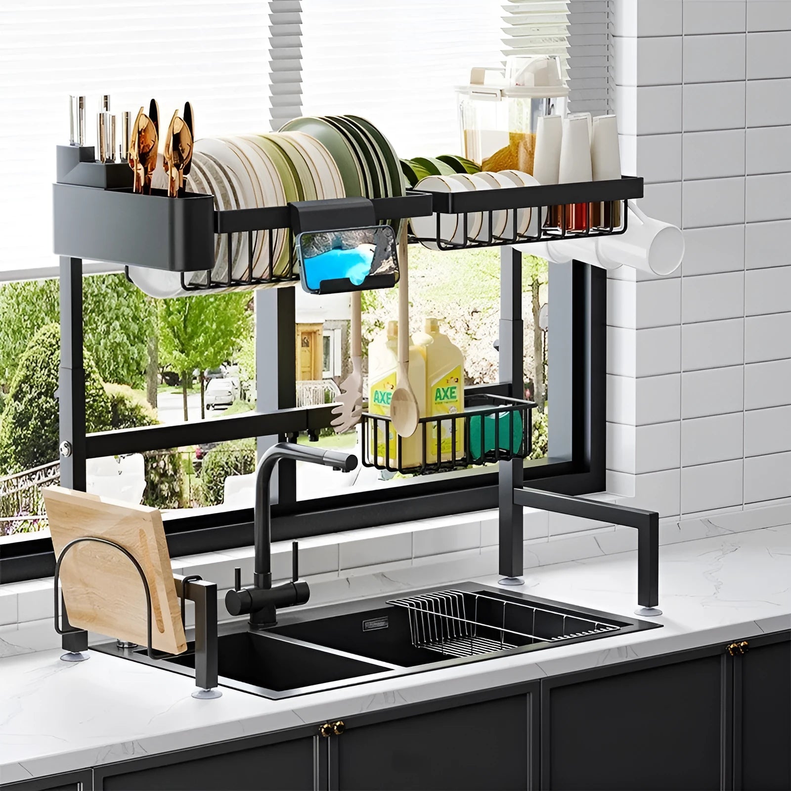 Black metal retractable sink draining rack extended on kitchen countertop