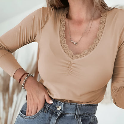 Women's solid colour long sleeve casual top with lace trim in slim fit Japanese Korean style