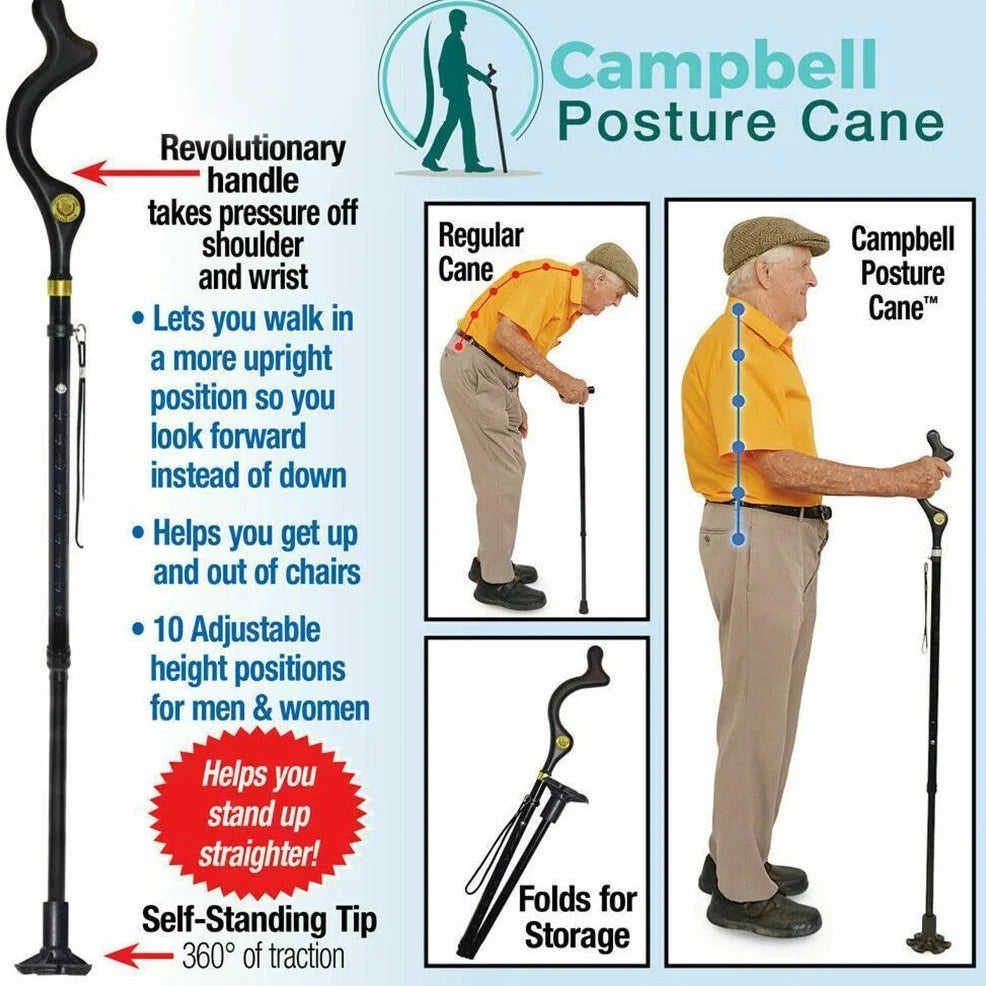 Telescopic folding walking stick with ergonomic handle and six rubber tips for stability