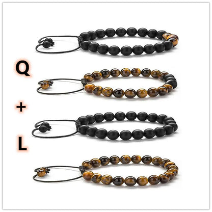 Tiger eye couple bracelets with matte black agate beads in geometric design