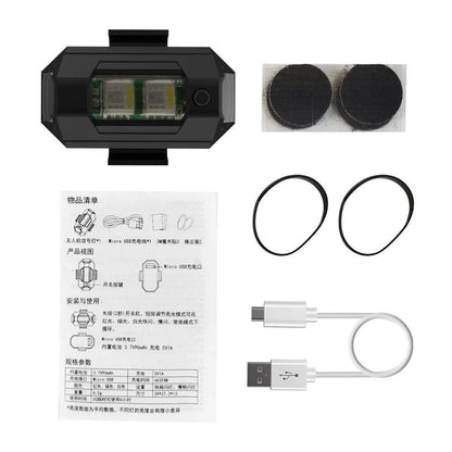 Universal drone strobe light with 7 colour LED, USB Type-C cable, and mounting tape on a white background.
