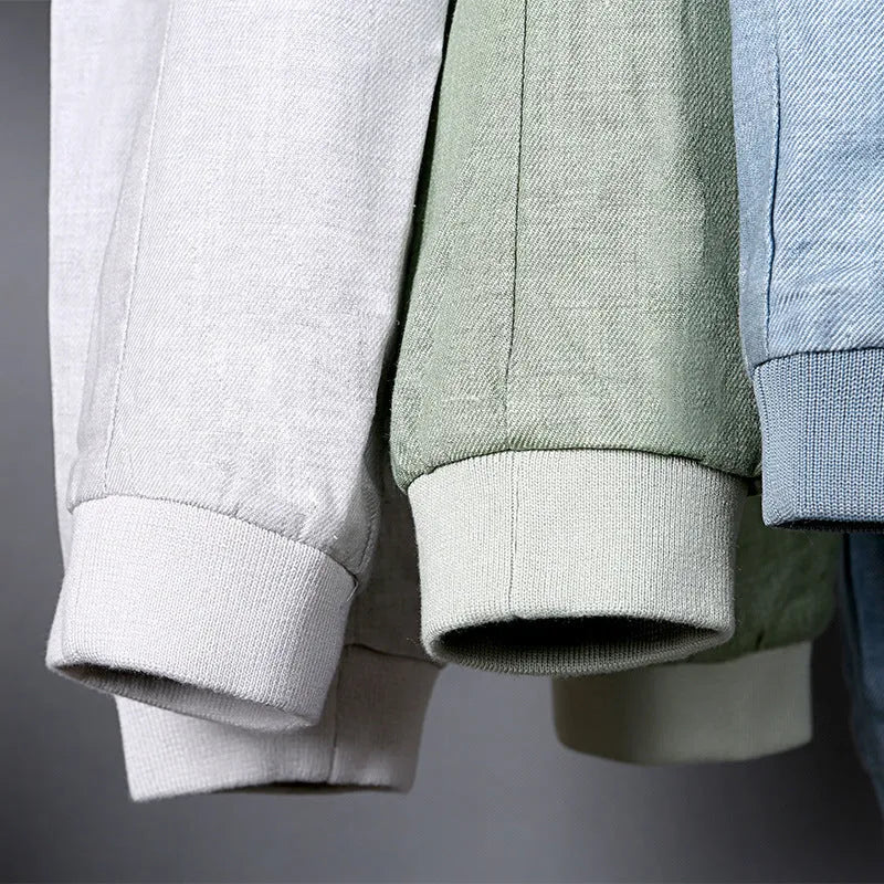 Men's thin linen jacket in cotton, shown in blue, grey, or green, available in sizes M to 6XL.