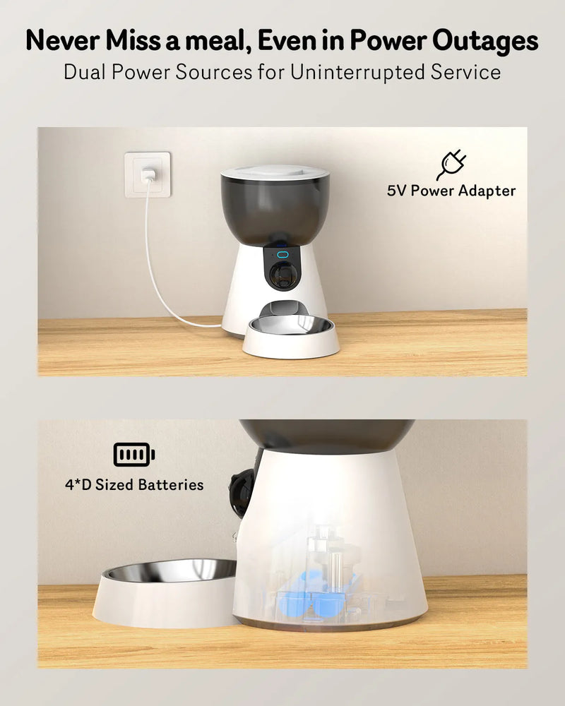 Automatic cat feeder with 1080P HD camera and night vision for pet monitoring, featuring 5G WiFi connectivity, two-way audio communication, 10-second voice recording, and low food or blockage alerts to manage dry food portion control remotely.