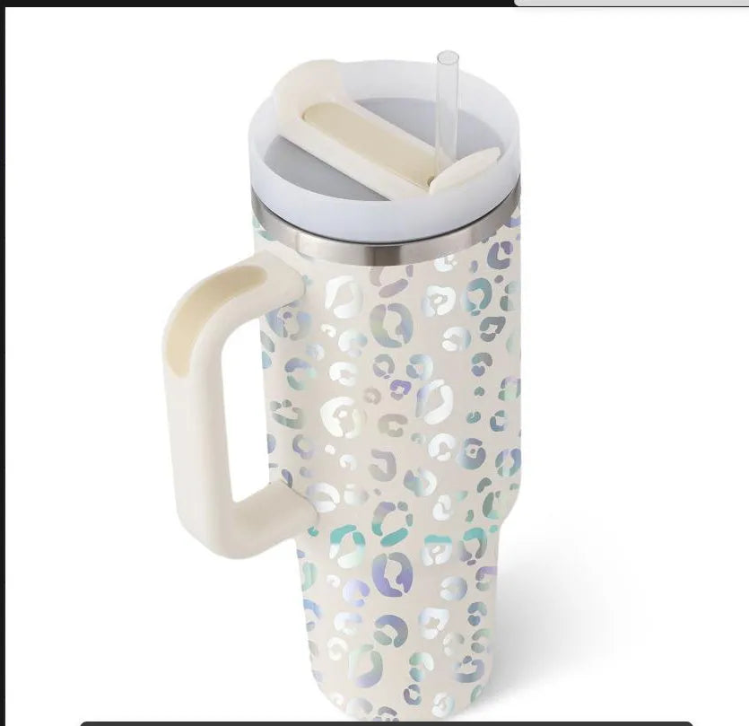 40oz stainless steel tumbler with handle and straw in various colour options showing tapered shape and spill-proof lid