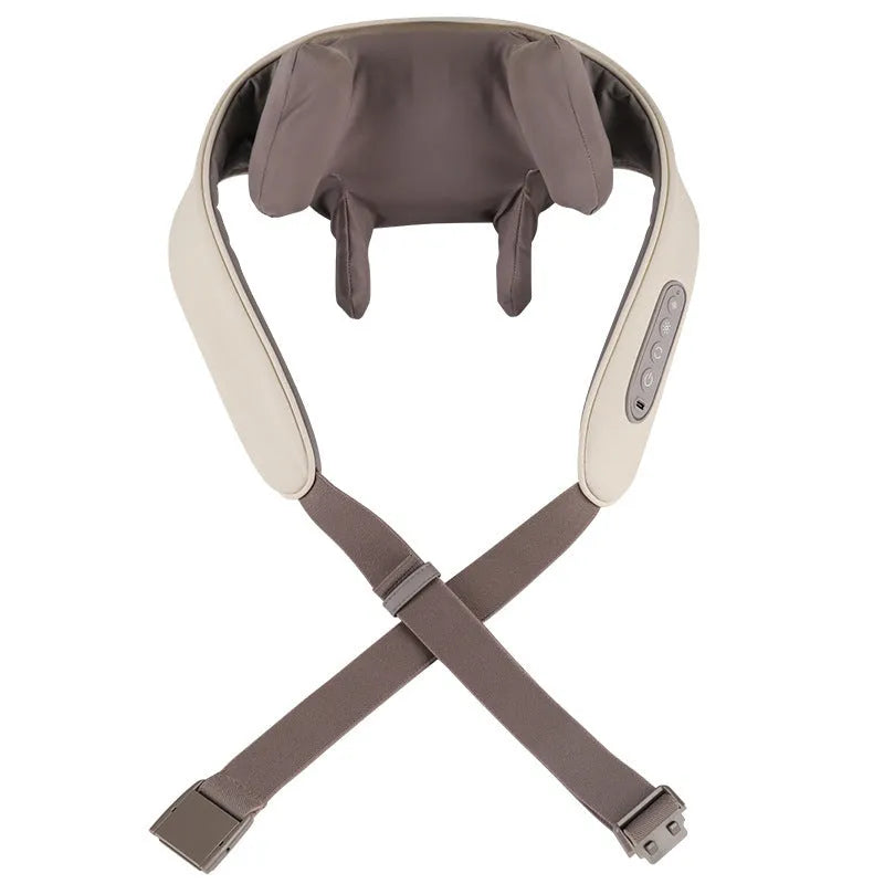 Creamy white rechargeable shoulder and neck kneading massager with USB cable.