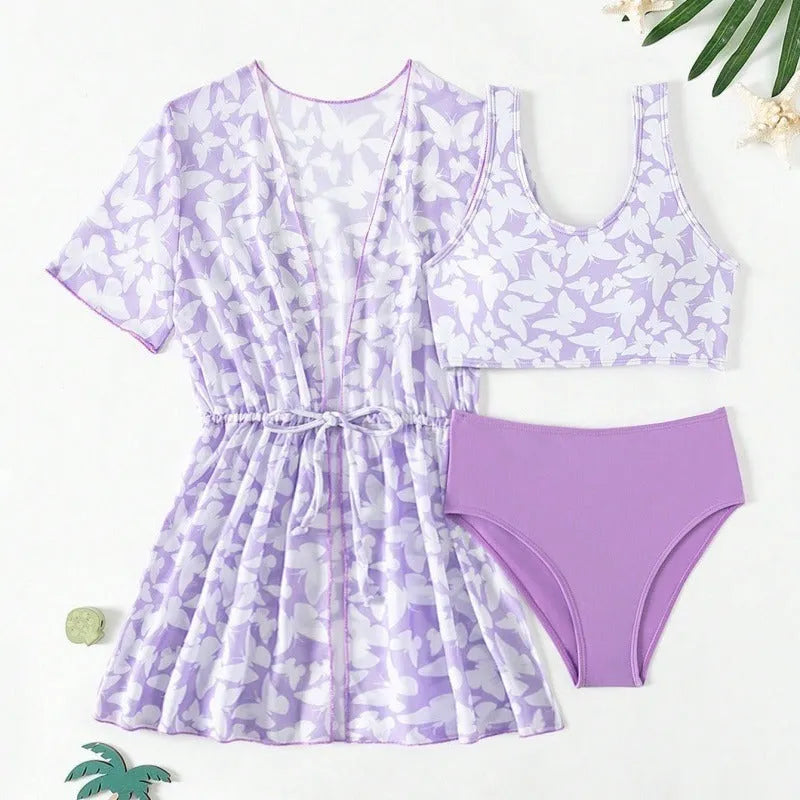 Three-piece girls swimsuit cover-up set in polyester with vest and pants for ages 8-12