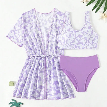 Three-piece girls swimsuit cover-up set in polyester with vest and pants for ages 8-12