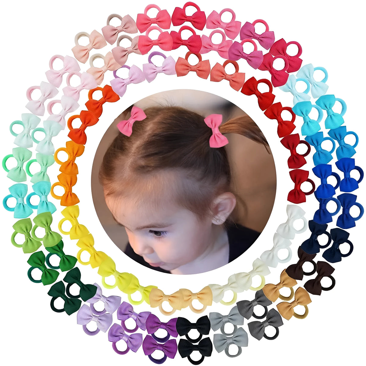 80-piece set of multi-coloured baby hair ties with grosgrain ribbon bows on elastic bands