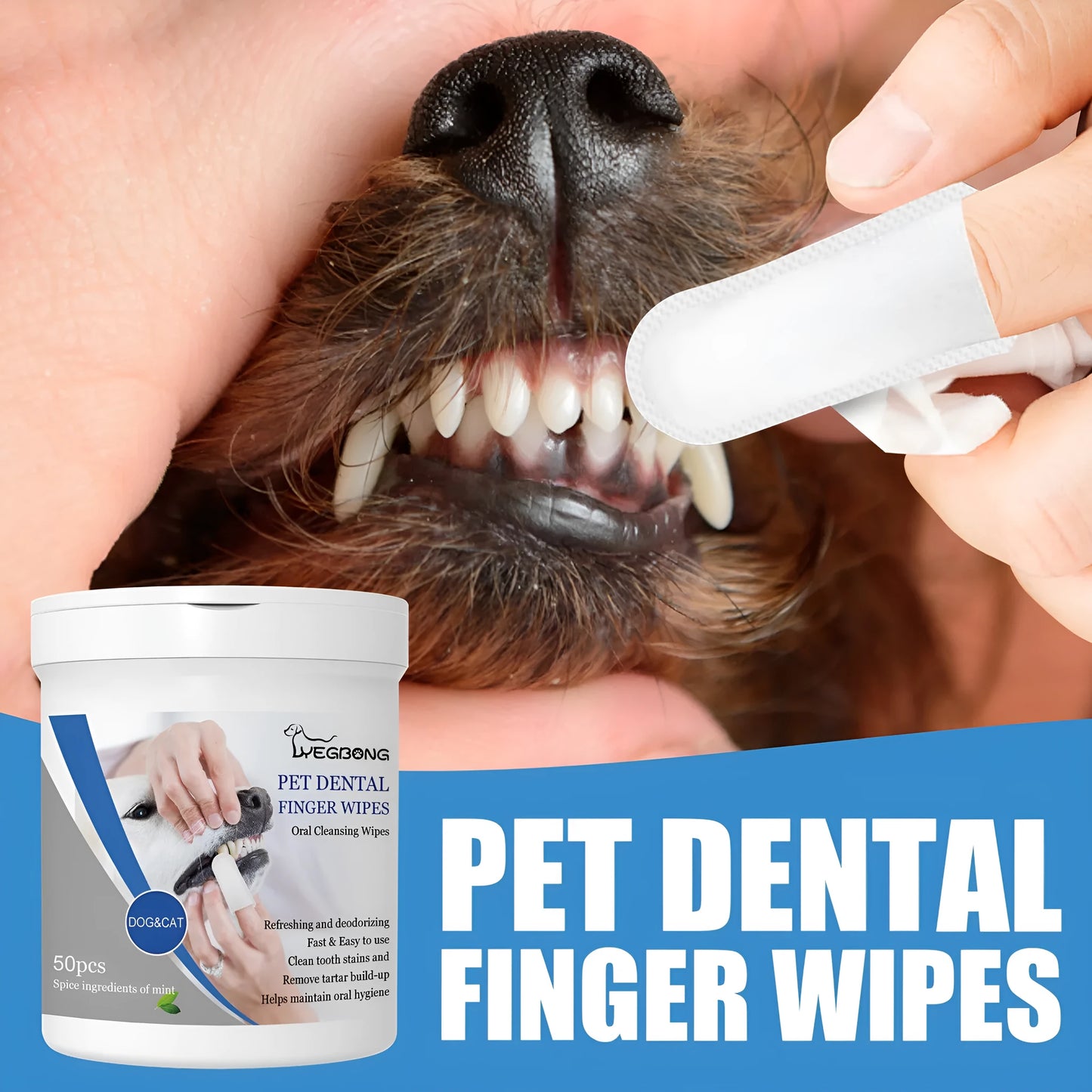 Dog dental cleaning finger wipes in can with finger stall applicator design for canine oral care