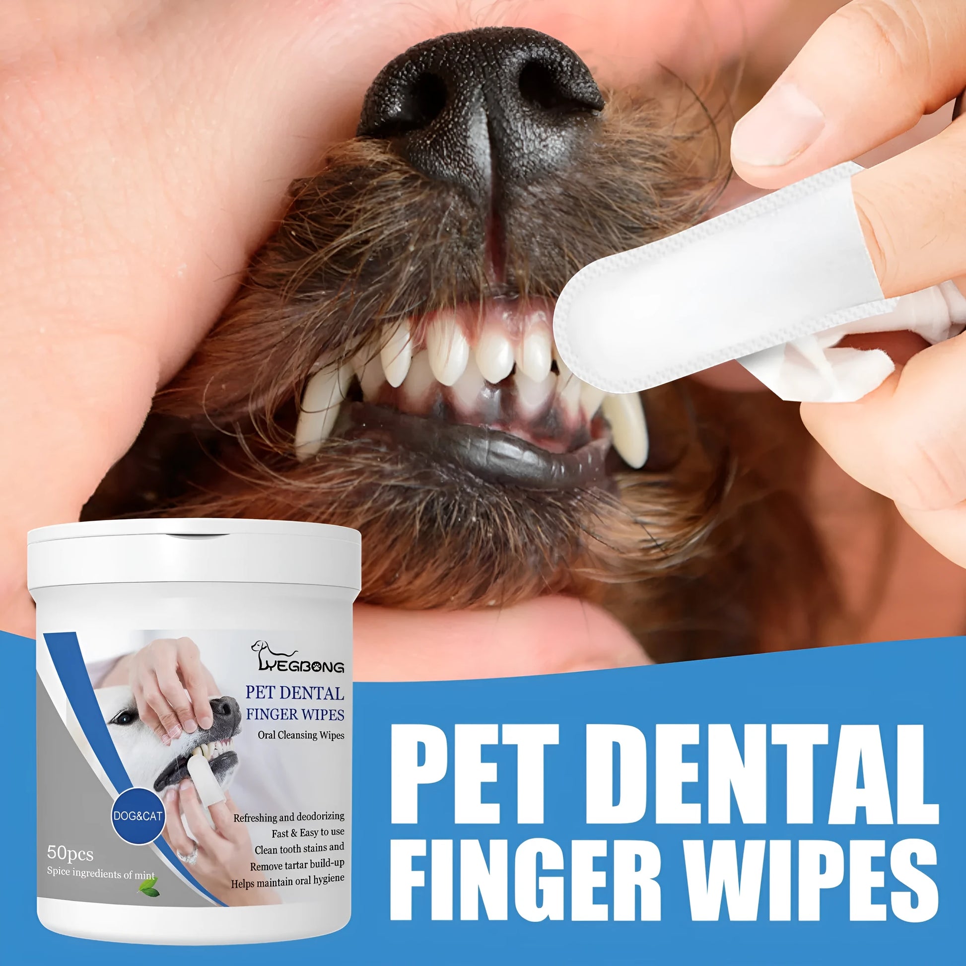 Dog dental cleaning finger wipes in can with finger stall applicator design for canine oral care