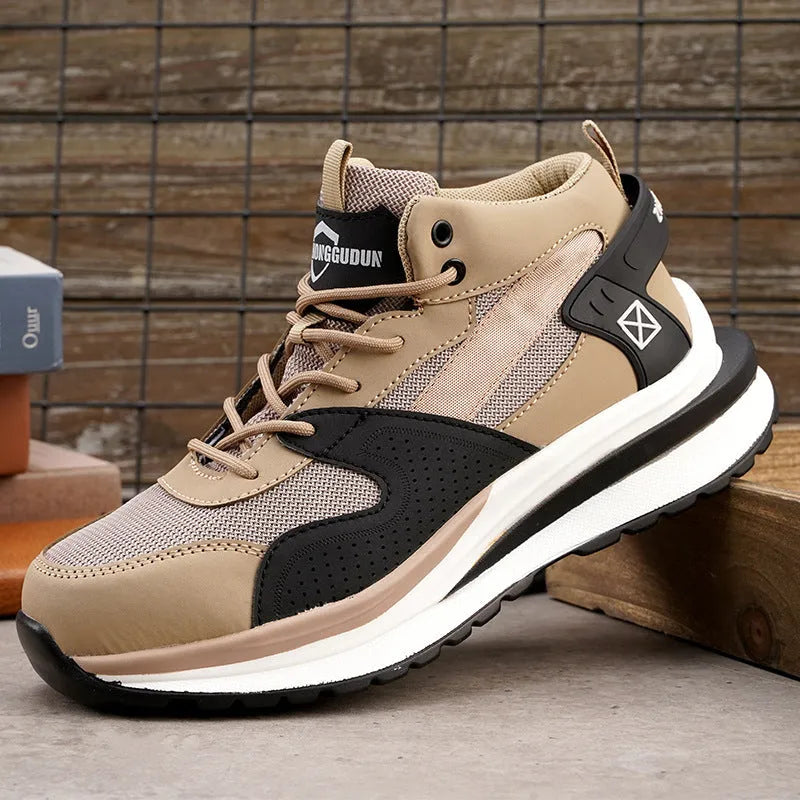 Low-top lace-up safety work shoes with a steel toe cap and anti-penetration rubber sole in black, brown, or grey.