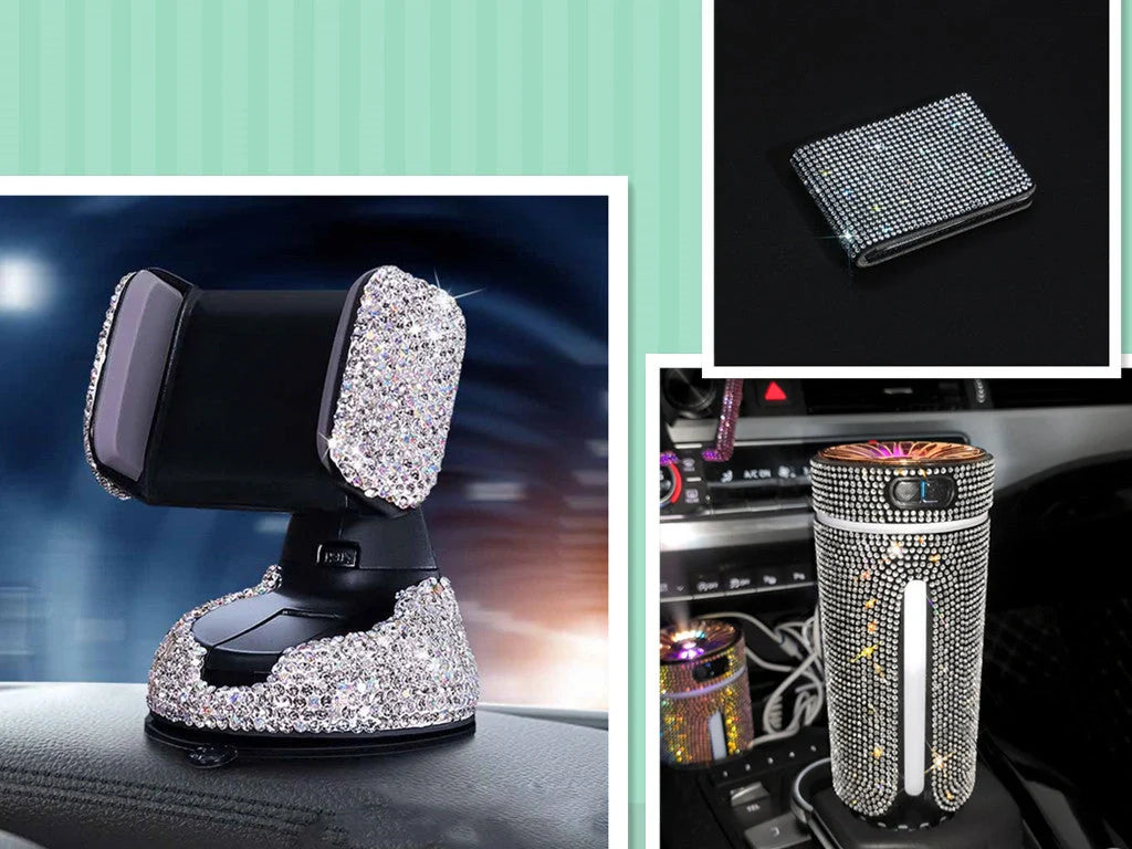 Diamond-encrusted car phone holder mounted on air vent with smartphone securely attached